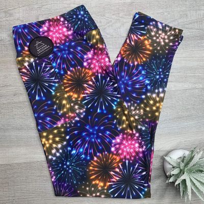 Neow Glowing Bright Fireworks Print Blue Sky Leggings w/ Pockets Adult & Kids